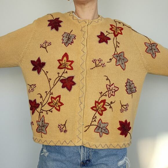Vintage Leaf Cardigan Sweater Embroidered Cotton XL - Picture 2 of 11